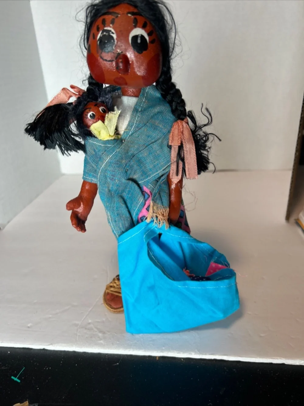 VTG Mexican Doll Mother w / Papoose Child Peddler Folk Art Handmade Rare 10